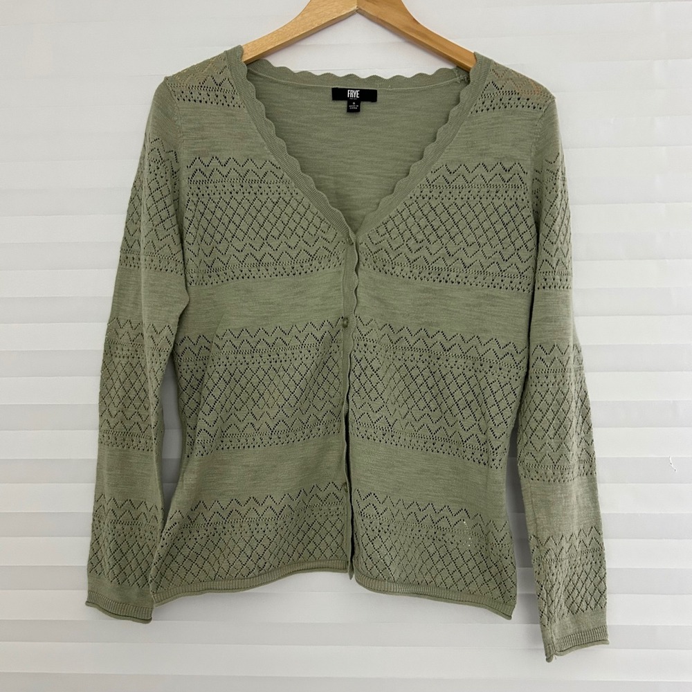Frye Sage Green Pointelle Scalloped Cotton Cardigan Sweater Womens S Cottagecore